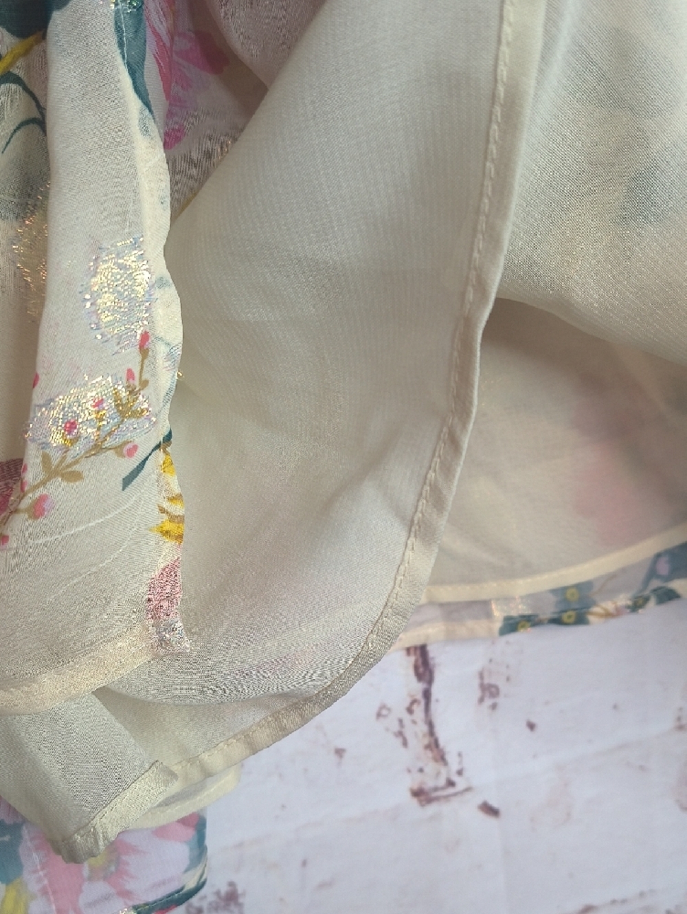 LOFT Cream Floral Blouse with Pink & Green Accents - Picture 4 of 7